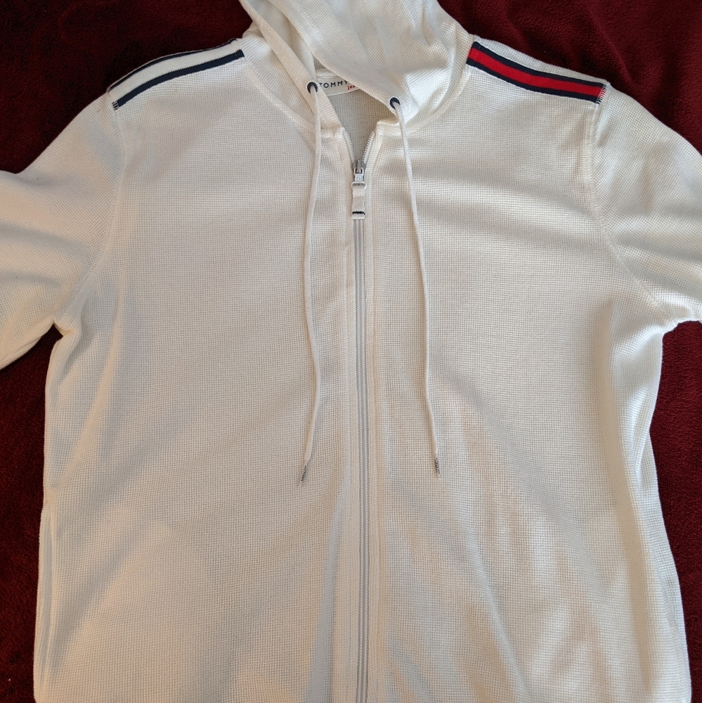Vintage Tommy Hilfiger Short Sleeve White Full Zip Hoodie Rd/Bl Stripe Large